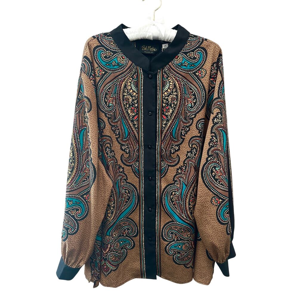 BOB MACKIE Wearable Art Vintage Paisley Button Front Blouse Boho Plus 3X